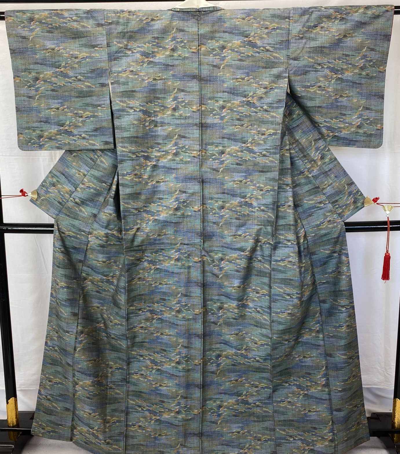 Japanese Vintage Kimono Silk Blue Tumugi Traditional Authentic Length 62 in