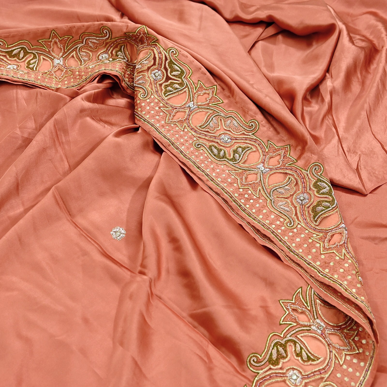 Vintage Heavy Peach Sari Hand Embroidered Saree Pure Satin Silk 5yd Ethnic Dabka