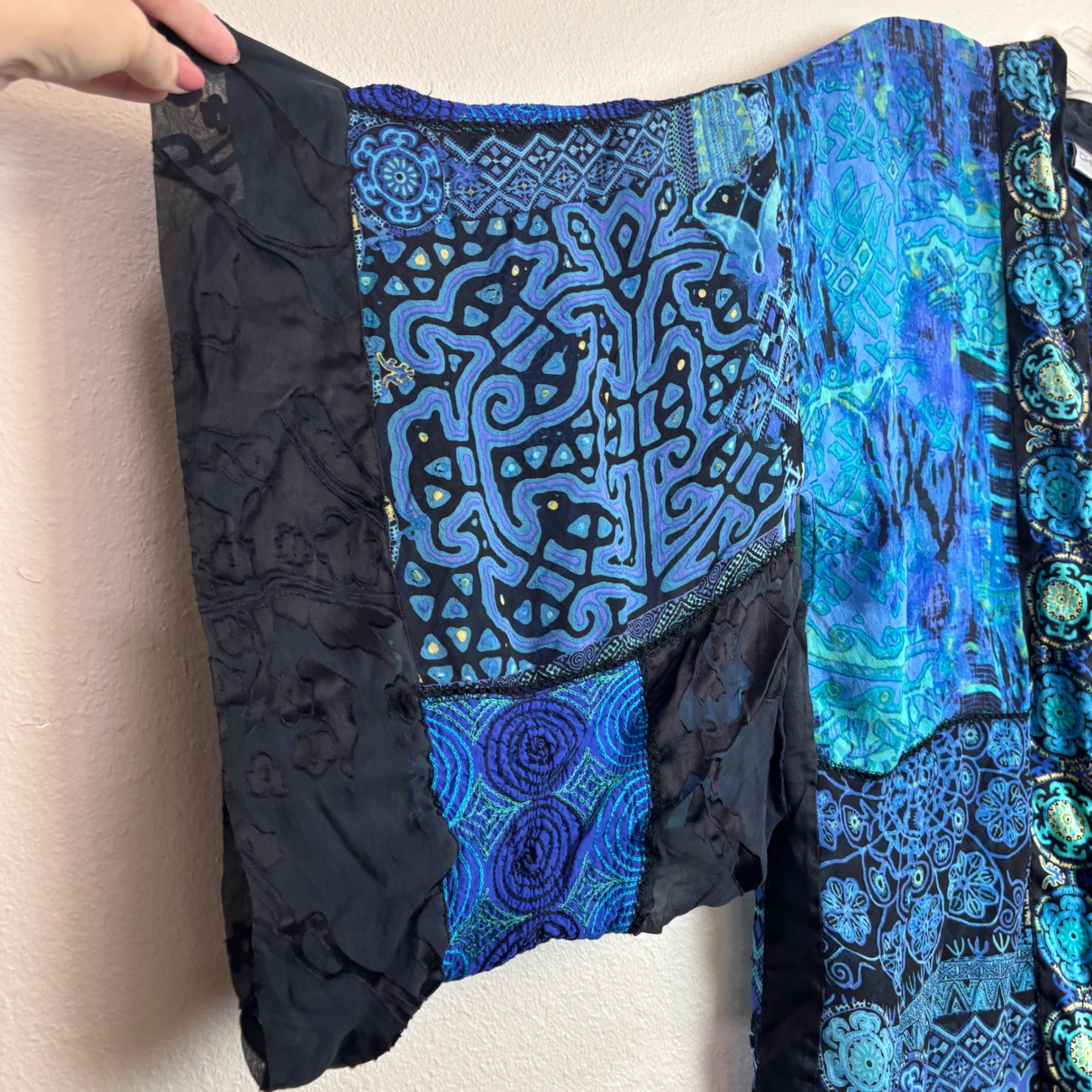 Chico’s Kimono Jacket Womens M/L Blue Patchwork Silk Blend Coastal Chic Boho Art