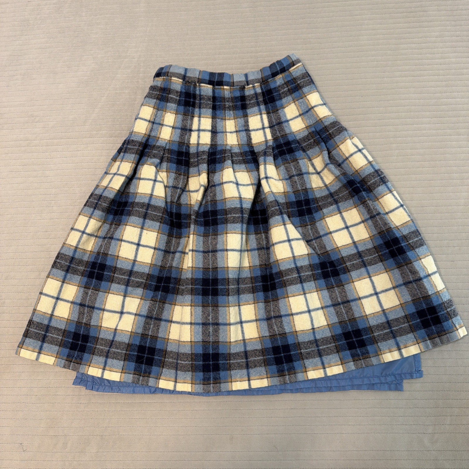 Vintage MOFFAT WEAVERS Blue white brown Plaid Tartan Kilt Skirt Sz 16 Scotland