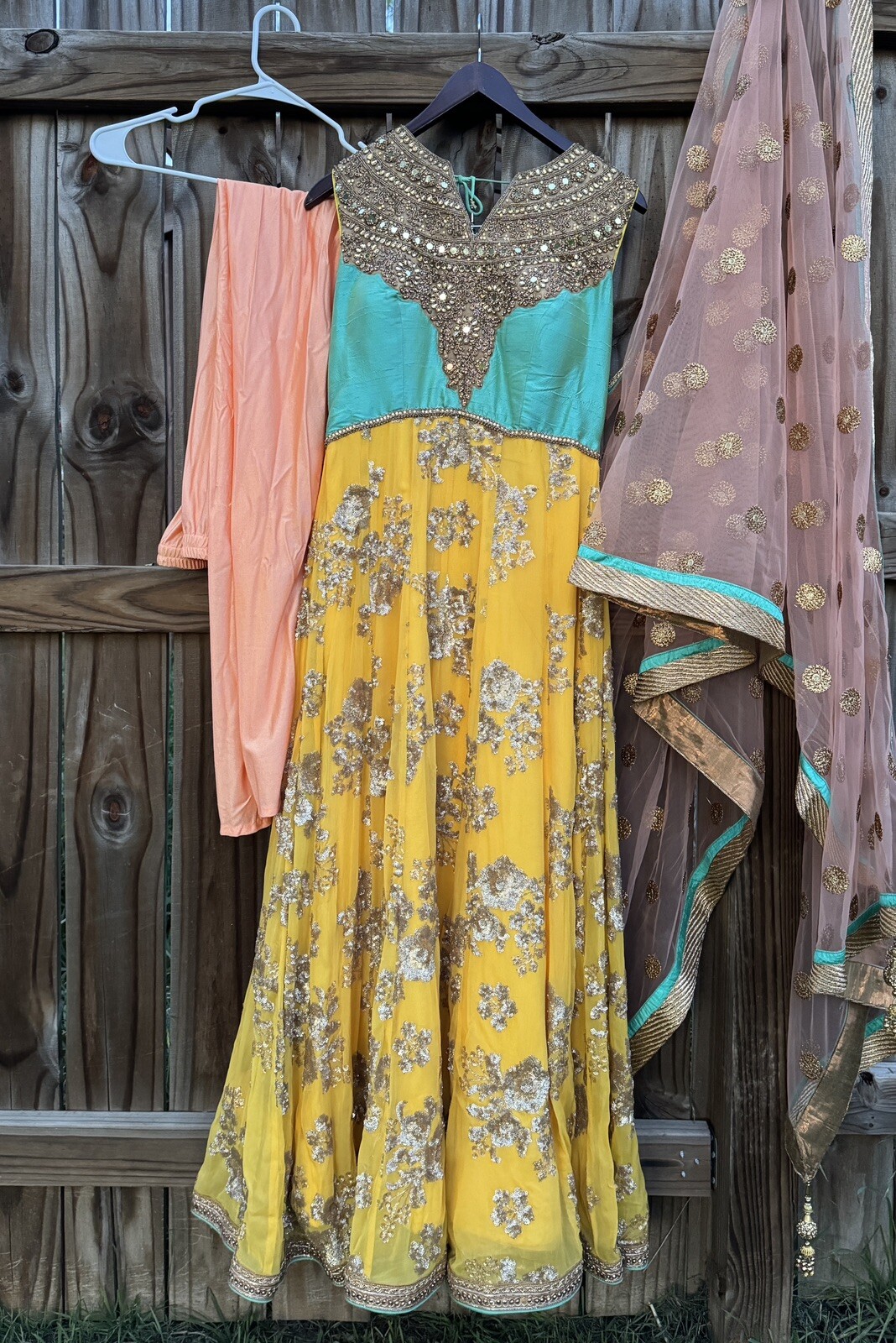 Women’s Anarkali Suit – Yellow & Teal With Peach Pajami/Sequenced – Size S (40)