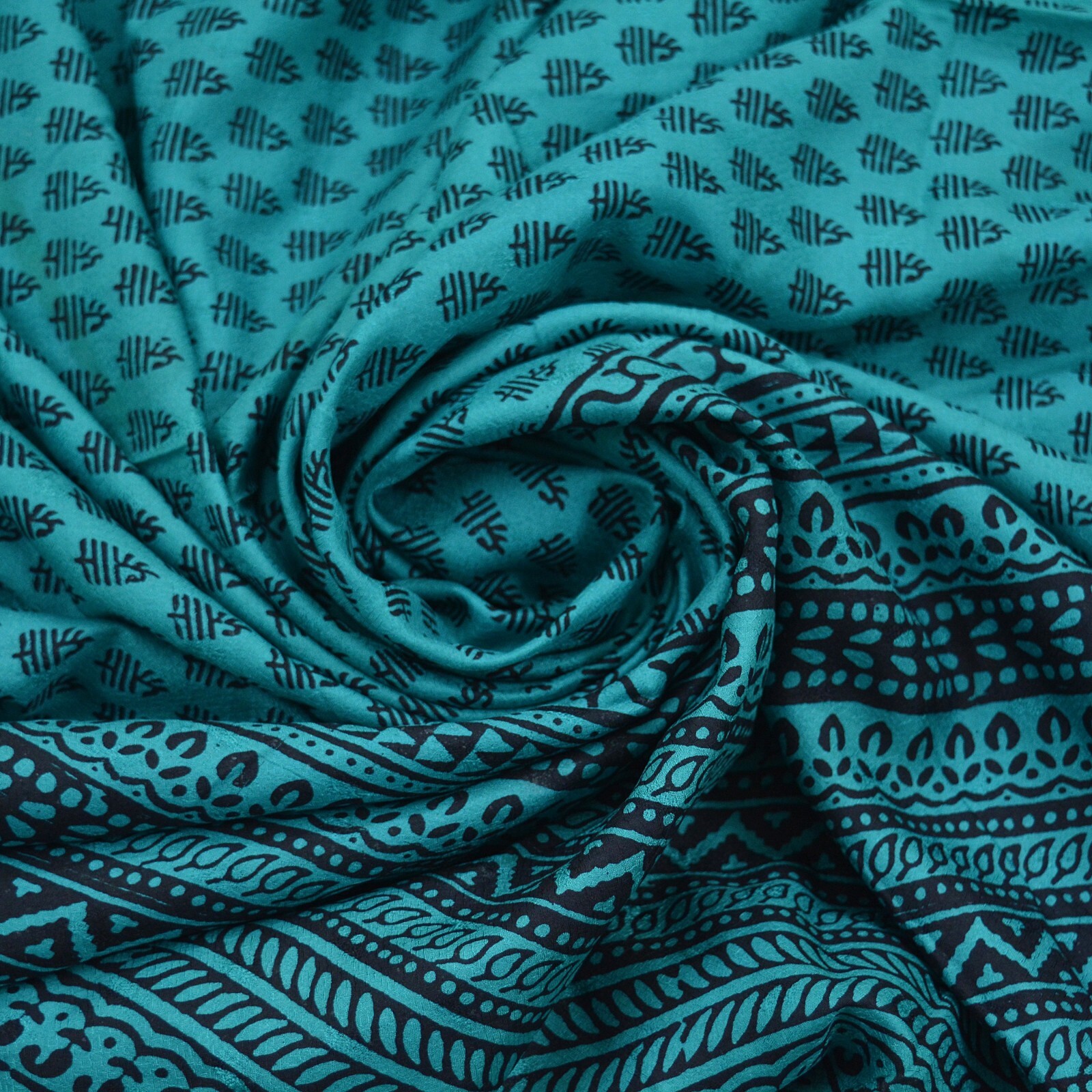 Indian Vintage Green & Black Sarees Hand Block Printed Sari Pure Silk Fabric 5yd