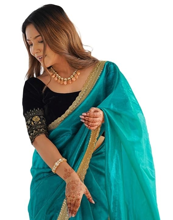 Women’s Shimmer Net Sequence Embroidery Lace Saree With Unstitched Blouse Piece