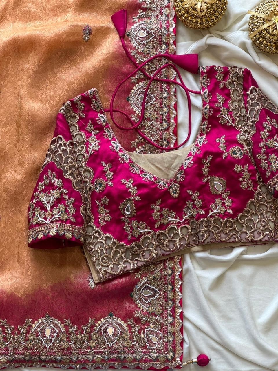 two shades soft dola silk saree sequence embroidery work with blouse .