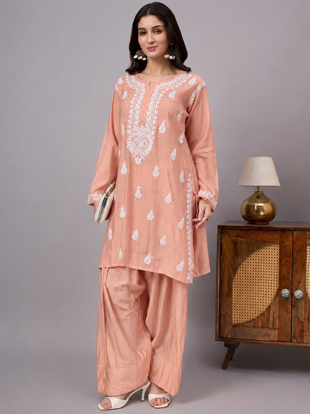 Women’s Peach Chanderi Chikankari Kurta Farshi Salwar Set, Ethnic Kurta Set