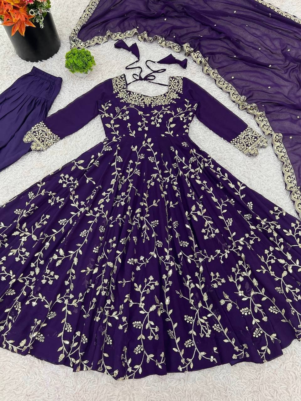 Elegant Purple Georgette Embroidery Sequins Work Flared Anarkali Gown 3 Pc Set
