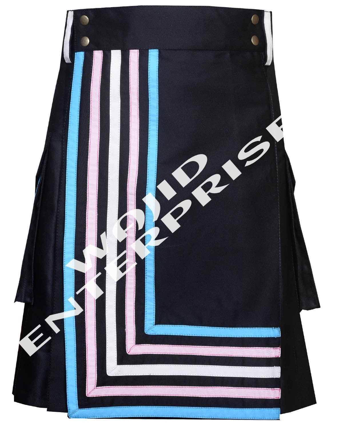 Handmade Trans Pride Utility Kilt, five Blue pink and white stripes