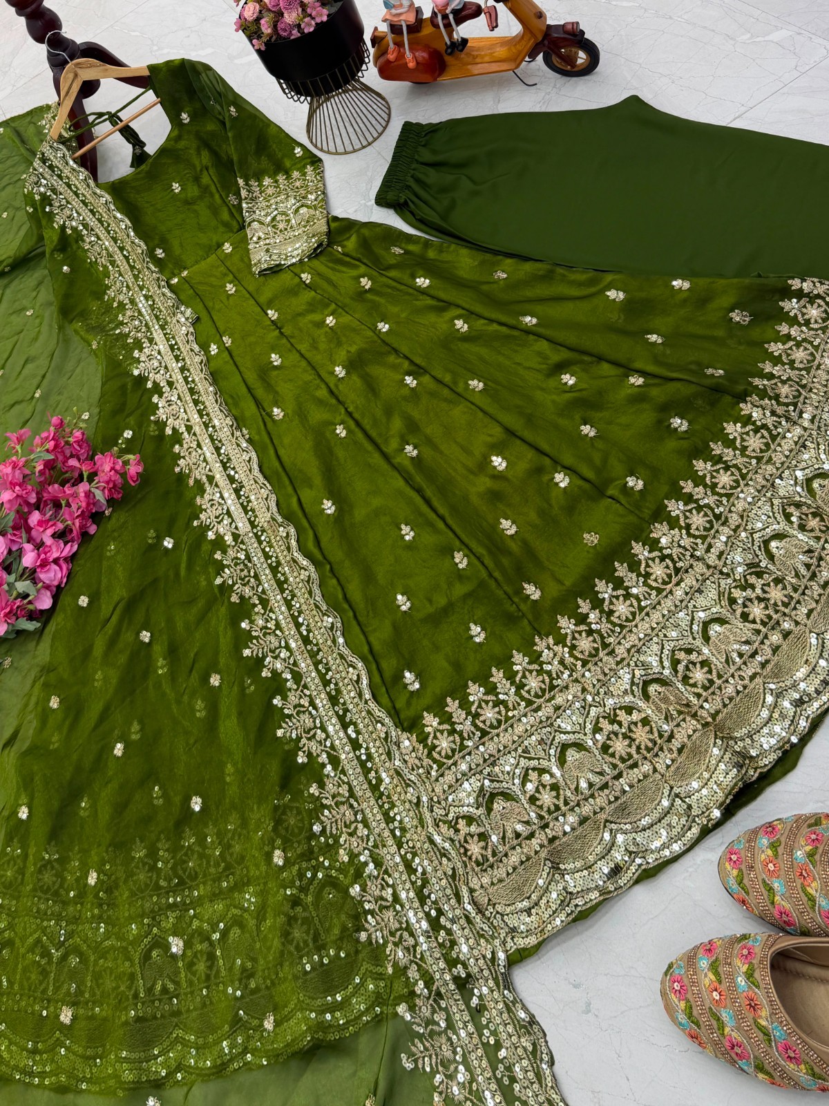 Mahendi Green Fendy Silk Designer Ready Made Embroidery Anarkali Suit Set M
