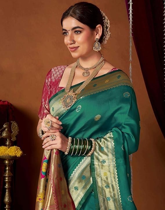 Women’s Paithani Soft Silk Jacquard Soft Silk Saree With Unstitched Blouse Piece