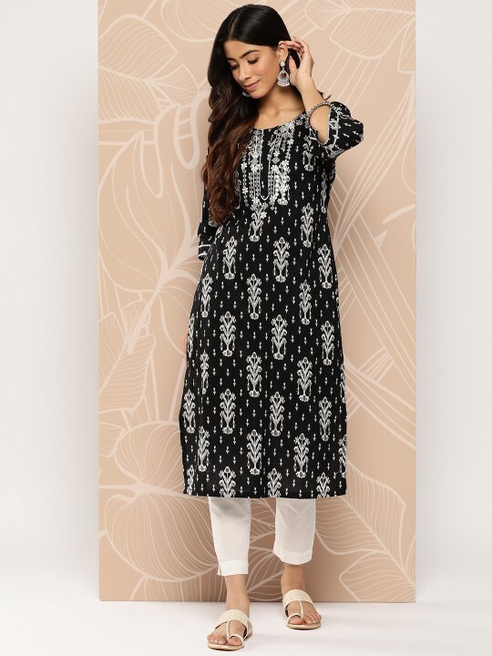 Beautiful Black & White Embroidered Cotton Kurta with Gotta Patti Details