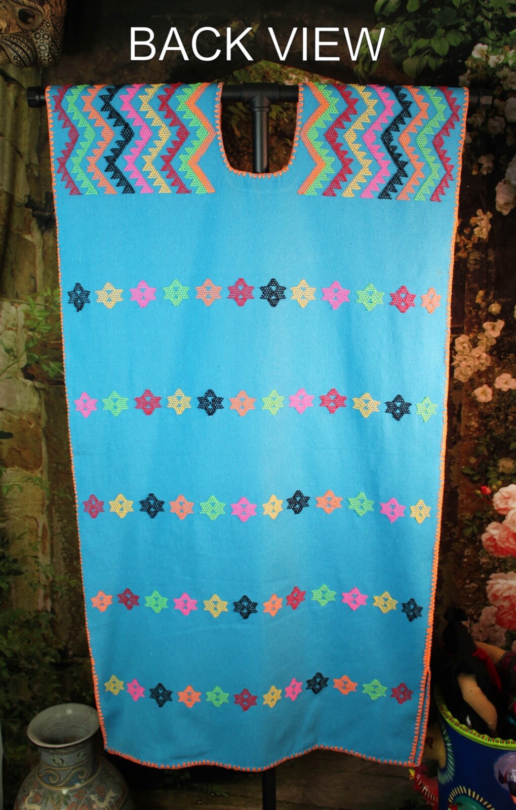M/L Huipil Kaftan Handwoven Blue & White Oaxaca Mexico San Juan Colorado Resort