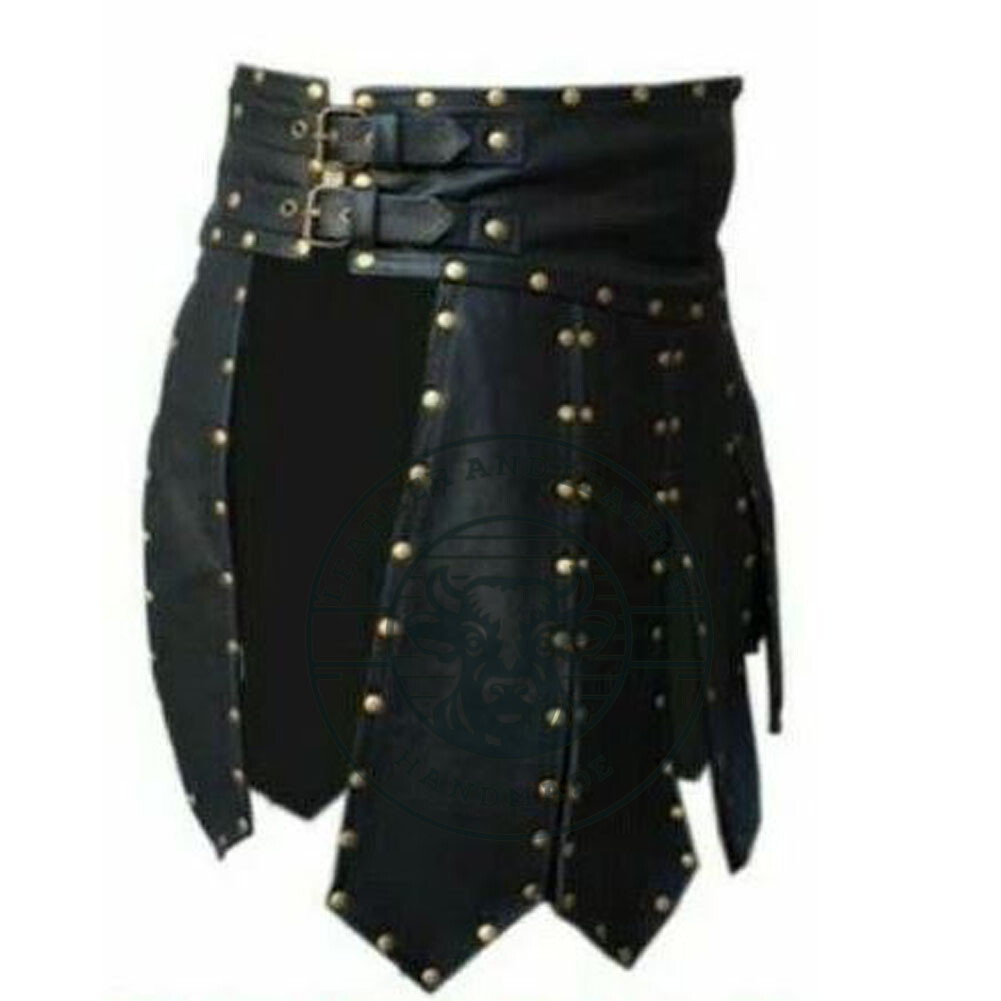 Black Men’s Genuine Leather Studded Gladiator Kilt | Versatile & Stylish Design
