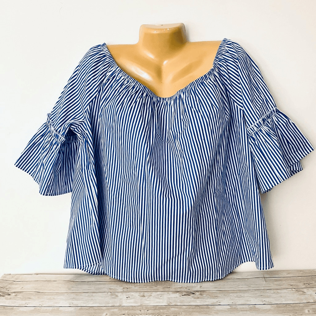 NWT Gorgeous Ambiance 3X White Blue Stripes 3/4 Bell Sleeve Cotton Blouse Top