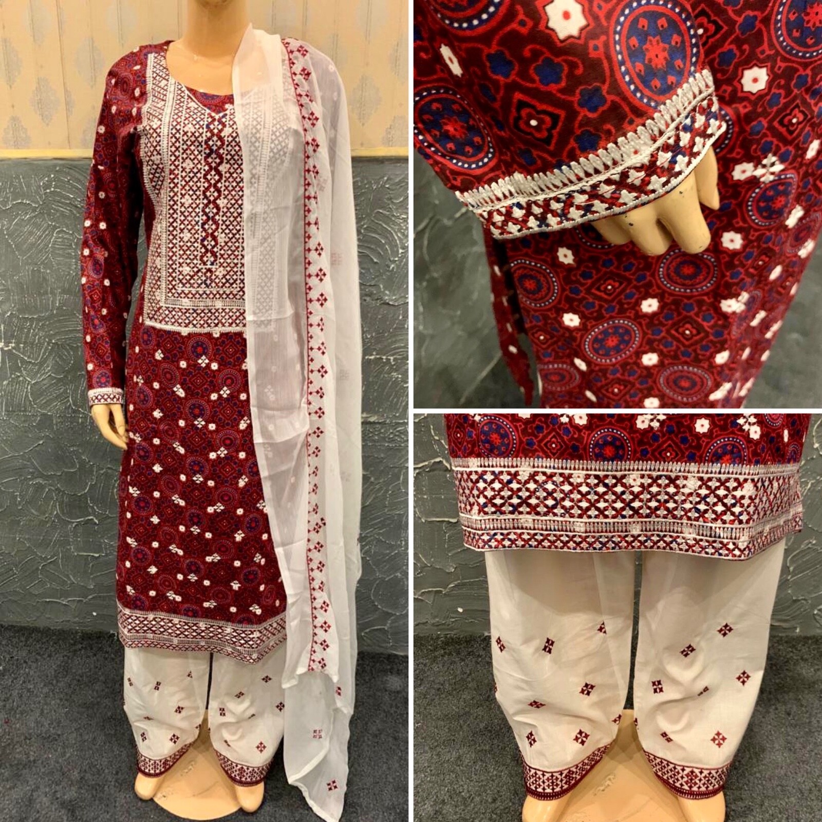 Pakistani Maroon Ajrak Printed Straight Shirt 3-PCS Lawn Dress, Threadwork,L#1