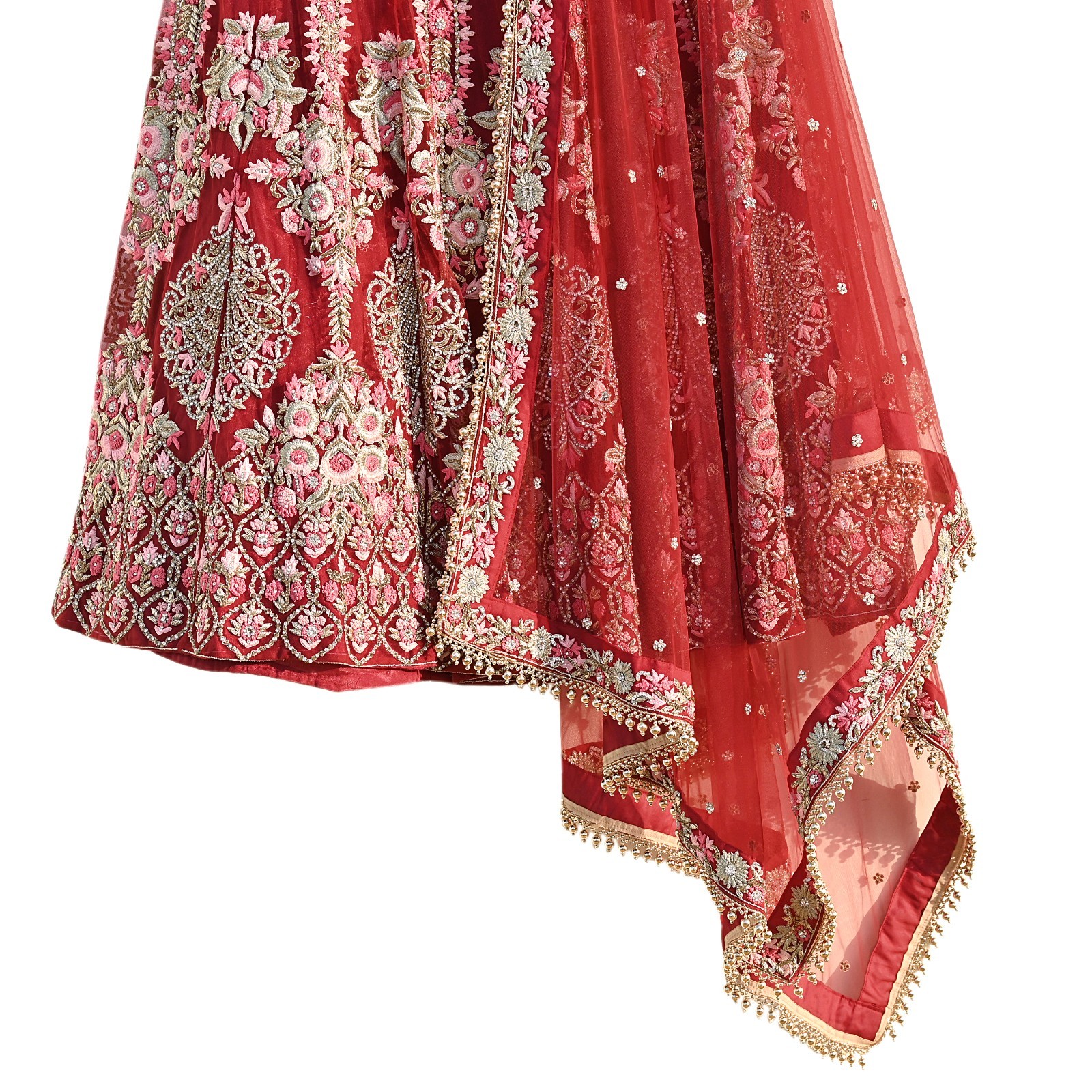 Indian Heavy Wedding Red Net/Mesh Hand Embroidered Lehenga 3pcs Designer Set