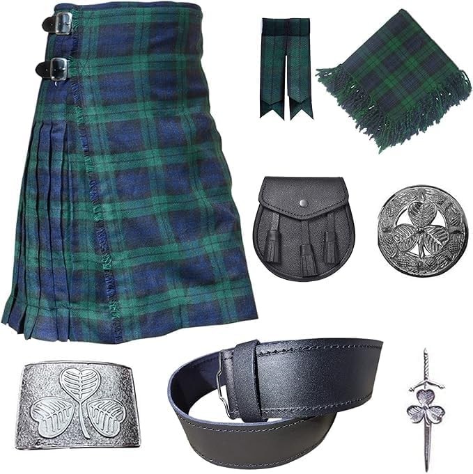 Scottish Traditional 8 Yards Tartan Kilt Outfit for Men (Black Watch, 48)