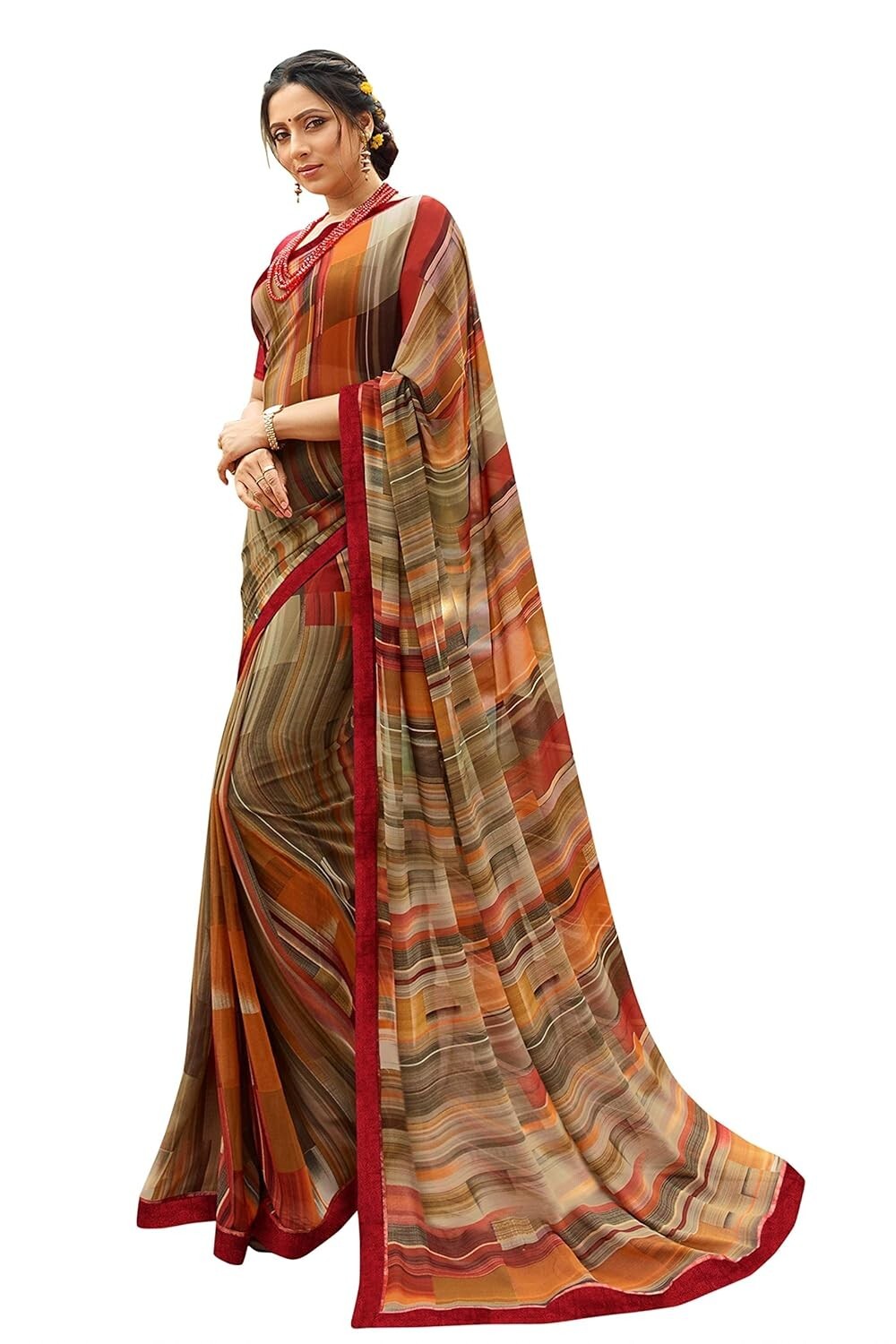 Women’s Georgette Printed Sarees With Jacquard Work Lace Border & Blouse