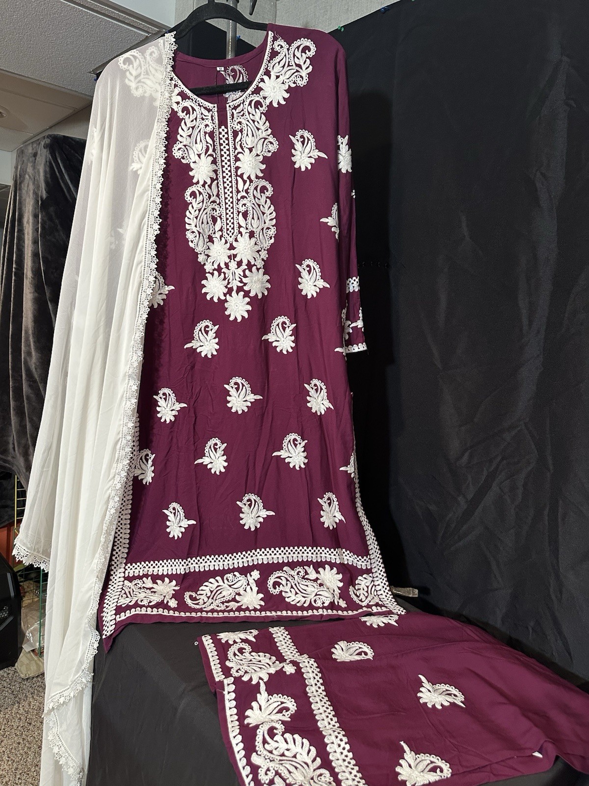 Beautiful soft linen Front & back emb-3 pc suit-emb plazo, laced dupatta-$44