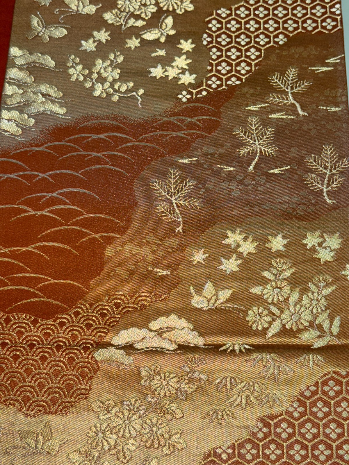 Japanese Vintage Kimono Fukuro Obi silk brown expensive embroidery 167.7×12.2in