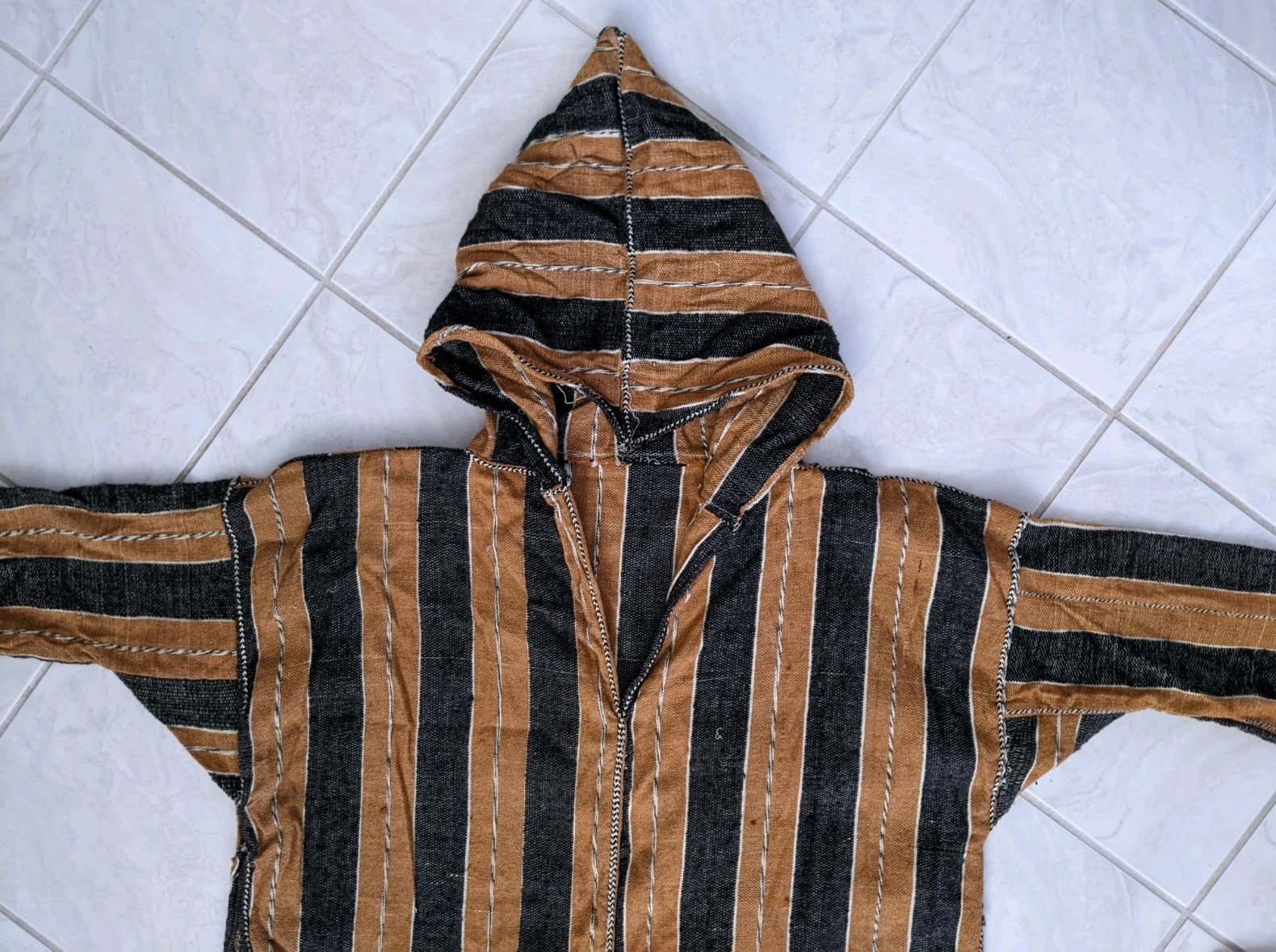 Vtg Handmade Moroccan Djellabah Stripes Jellaba Kaftan Wool Hooded Thobe Long
