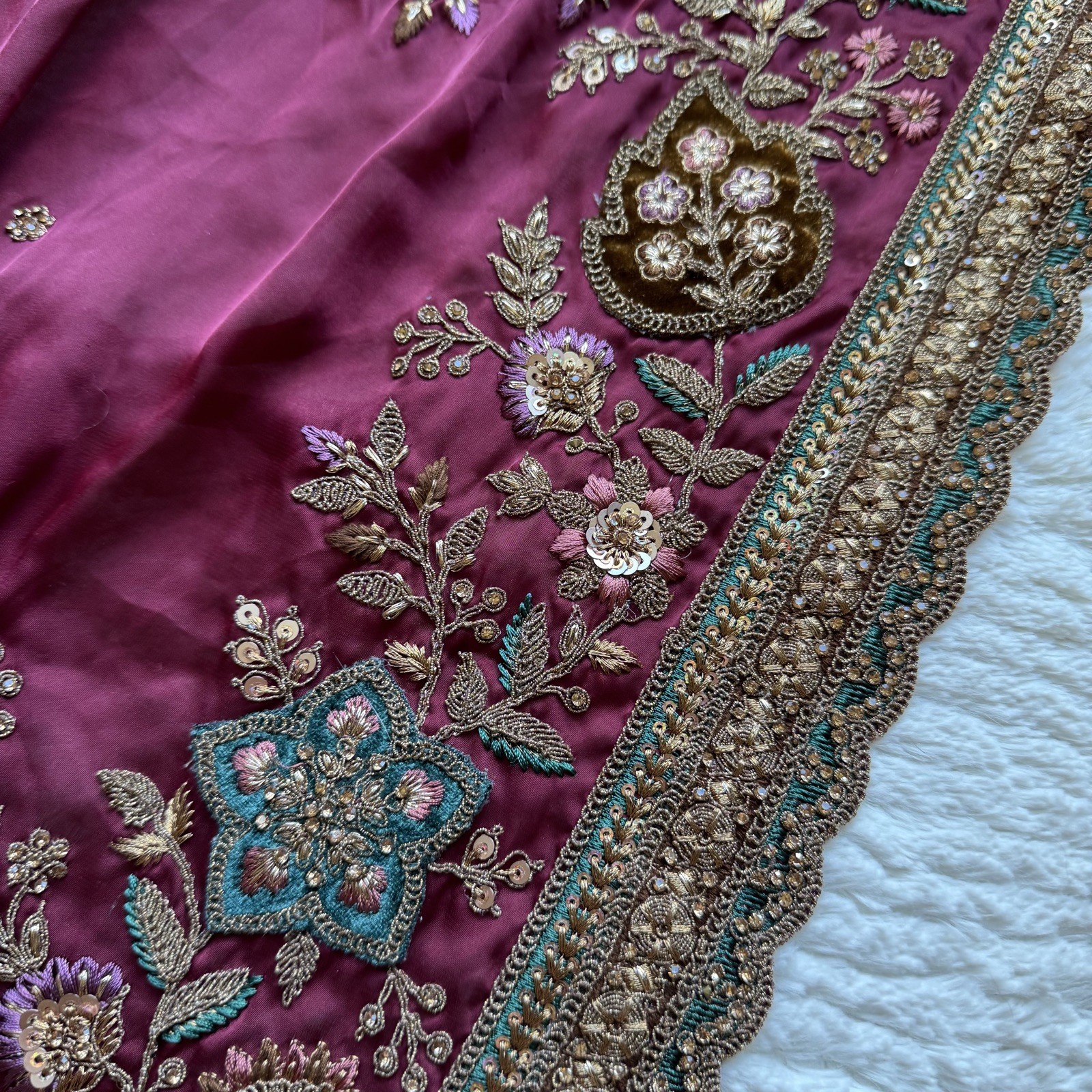 Ready To Wear Indian Saree Blouse Set M Maroon Green Embroidered Wedding Guest