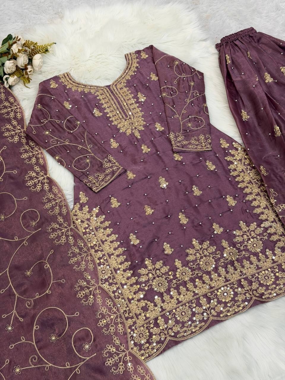 Launching New Pure Silk Dusty Pink Top Palazzo With Dupatta For Women & Girls