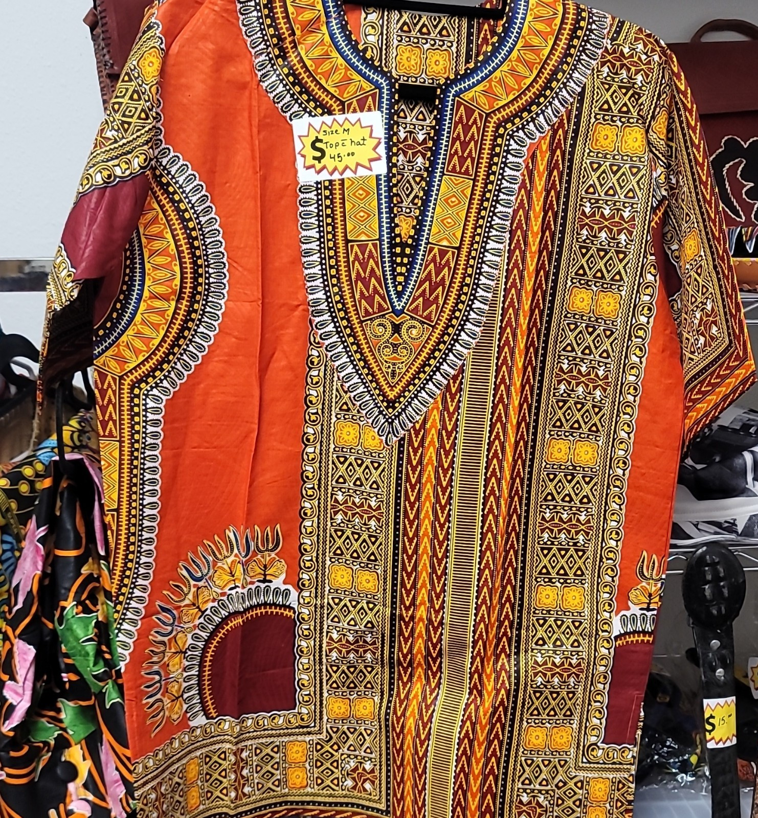 African Dashiki Shirt Orange Cotton Unisex Adult Medium Traditional Clothing