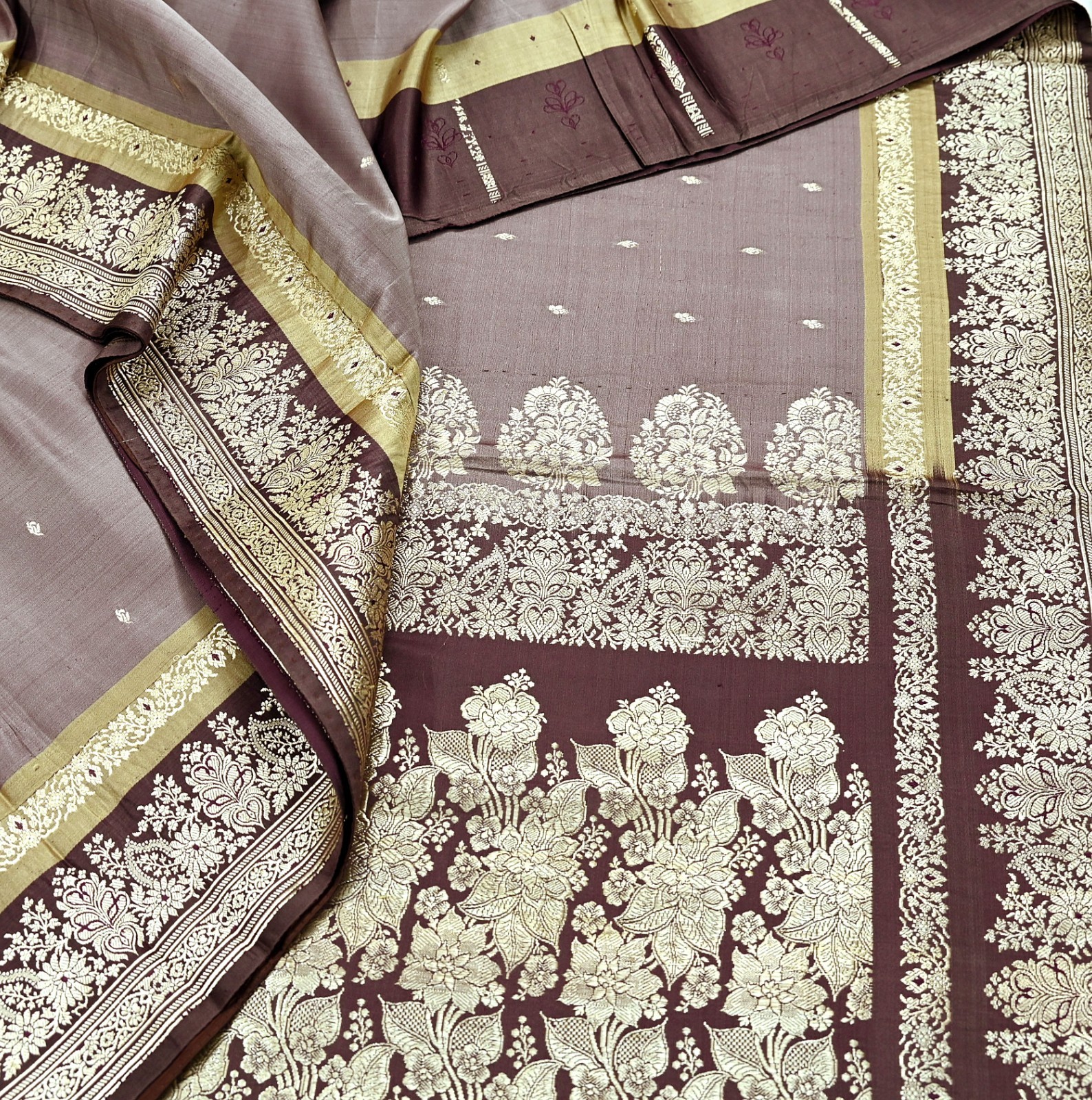 Vintage Sari Brown Heavy Pure Satin Silk Woven Banarasi Brocade Saree 5YD zari