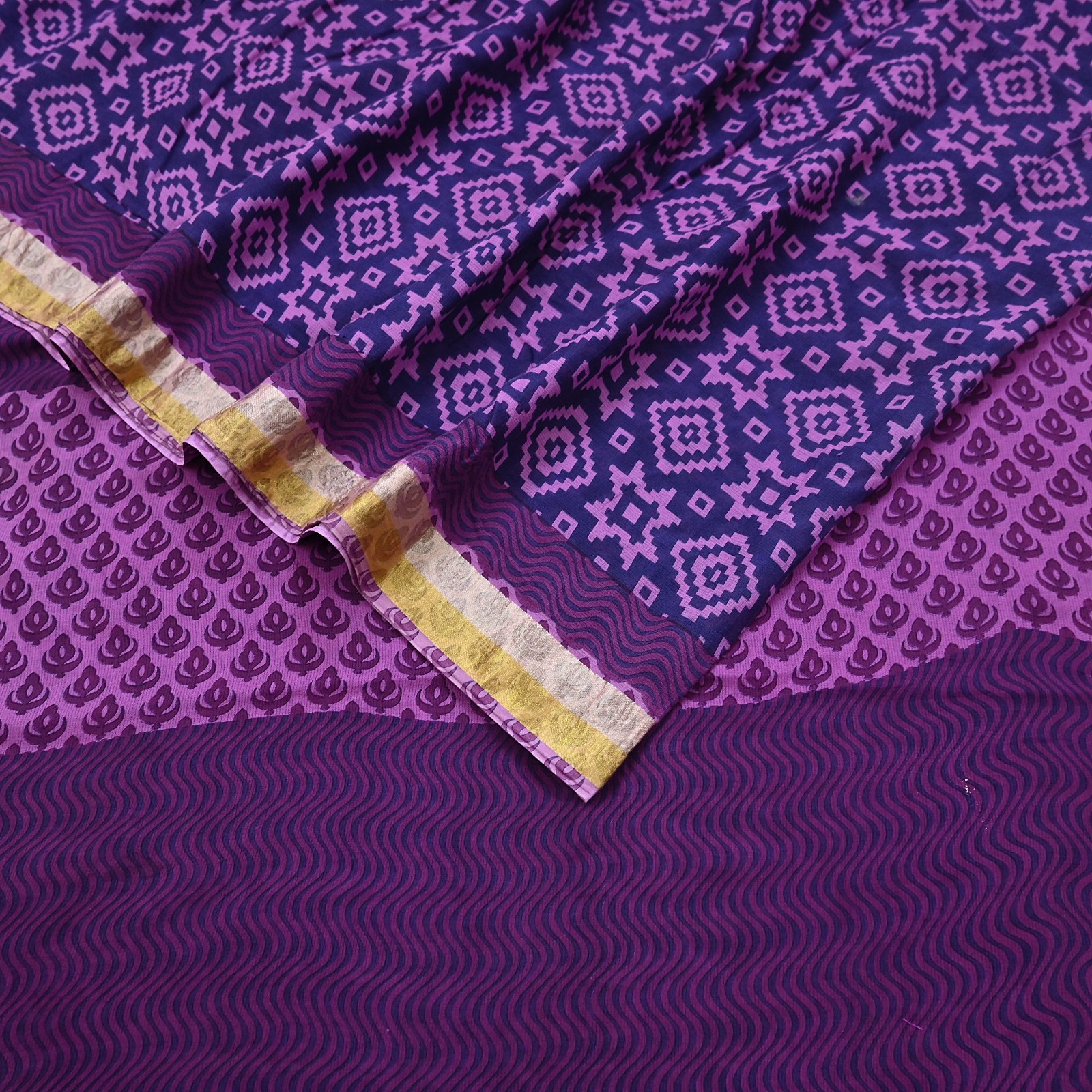 Indian Vintage Sari Blue & Purple Printed Pure Cotton Sarees Craft Fabric 5Yd