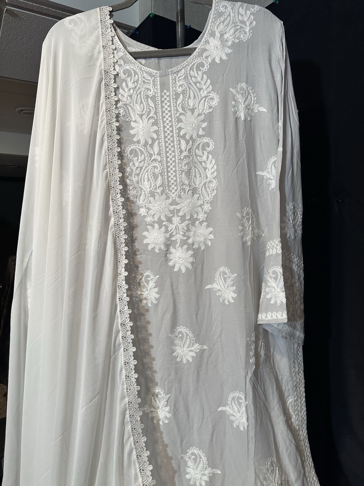 Beautiful soft linen Front & back emb-3 pc suit-emb plazo, laced dupatta-$40