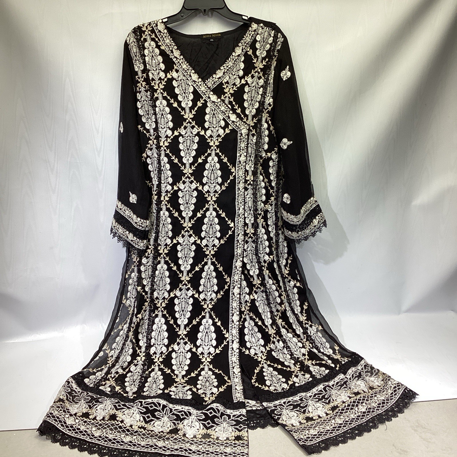 Agha Noor Tunic Dress Kameez Black Sequined Embroidered Lace XL