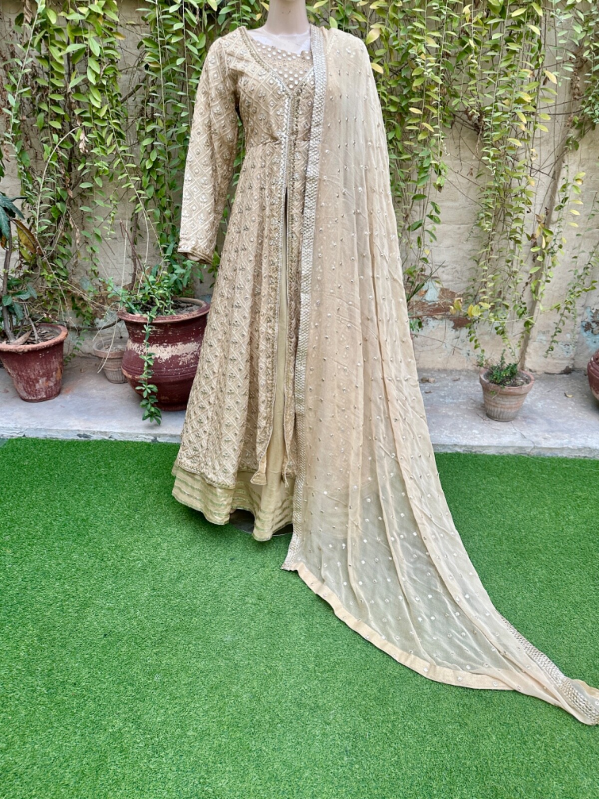 Pakistani Beige double Long Maxi Style Embroidered Sequins Chiffon Dress,L#1