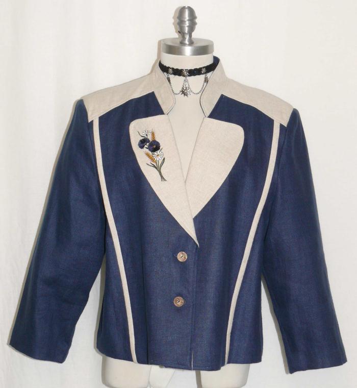 LINEN ~ BLUE German Women SUMMER FLOWERS Dress Suit JACKET Coat Blazer 44 16 L