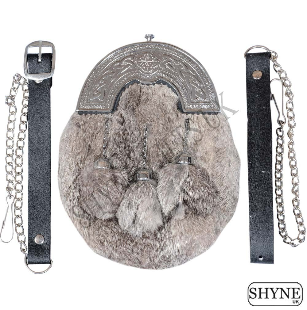 GREY RABBIT FUR FULL DRESS SPORRAN WITH CHROME FINISH CANTLE 3 GREY TASSELS