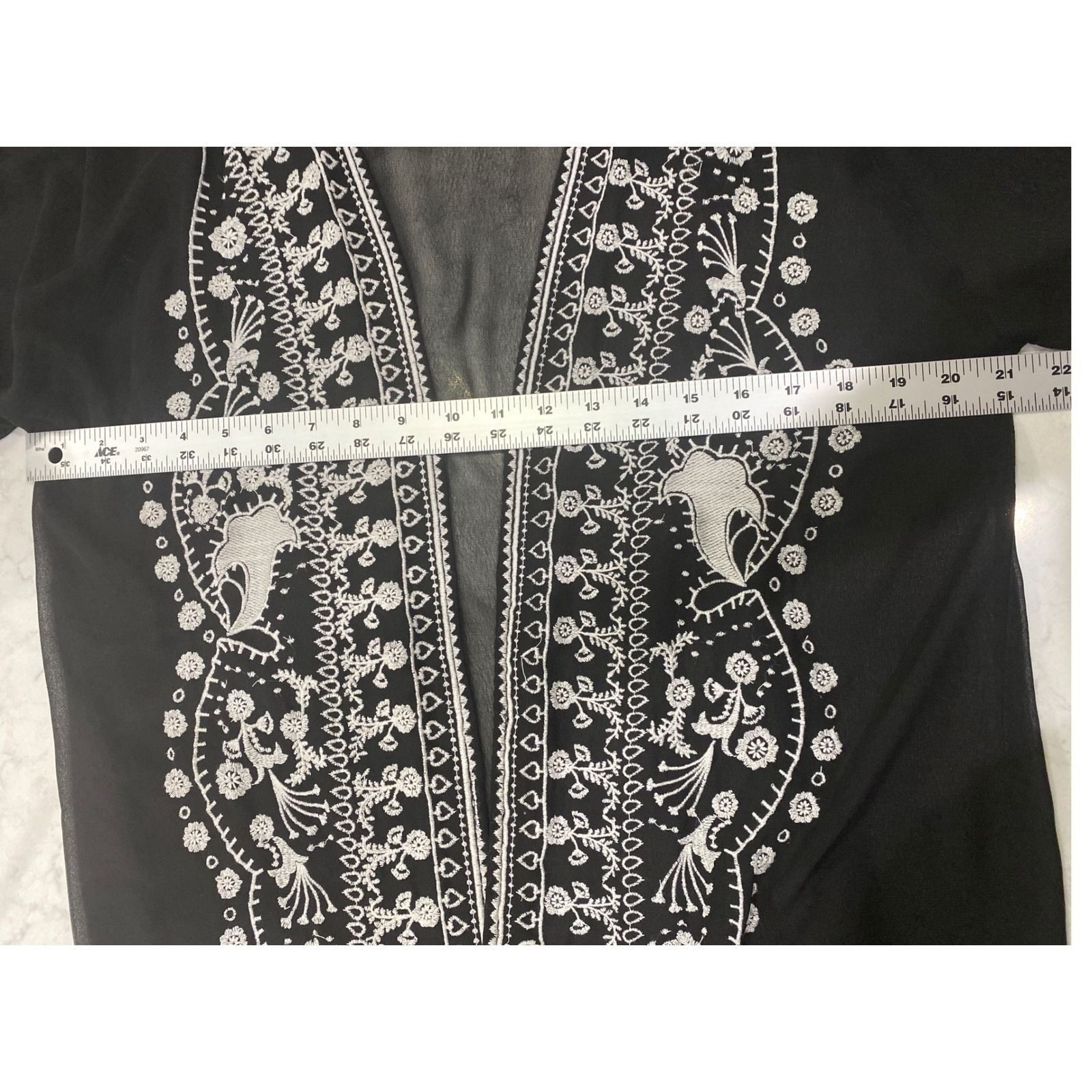 River Island Embroidered Kimono Robe Black White Fringe Boho Festival Size M