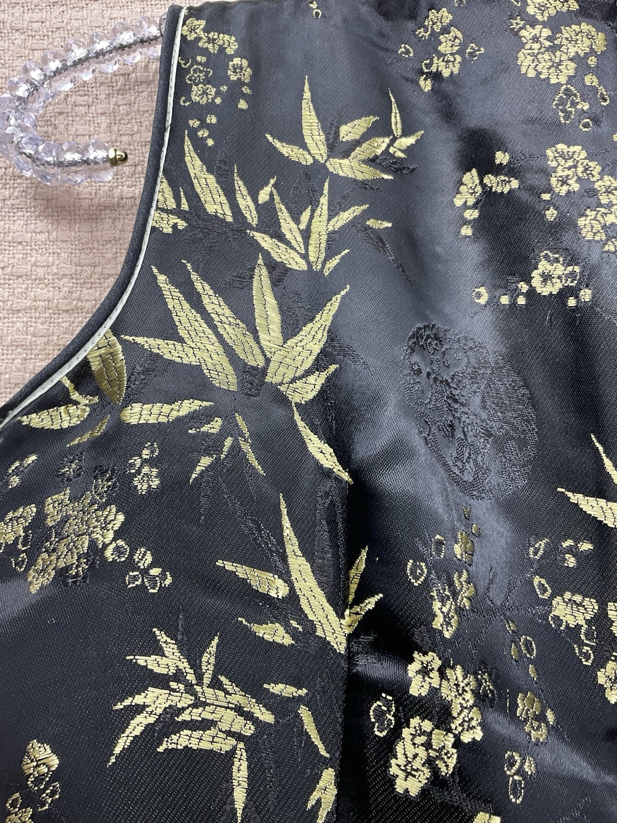 Mimi Oriental Cheongsam Qipao Dress Black Gold Floral Print Sleeveless Size M