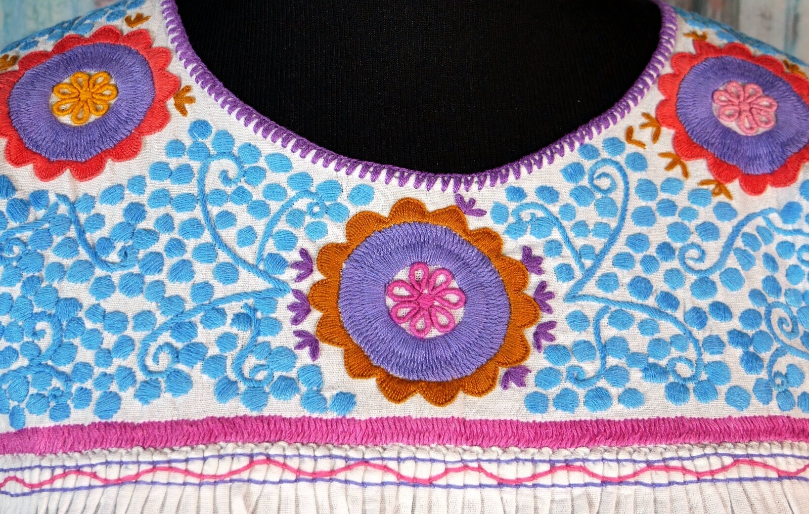 Peasant Blouse Hand Embroidered Flowers White Cotton Fabric Mayan Chiapas Mexico