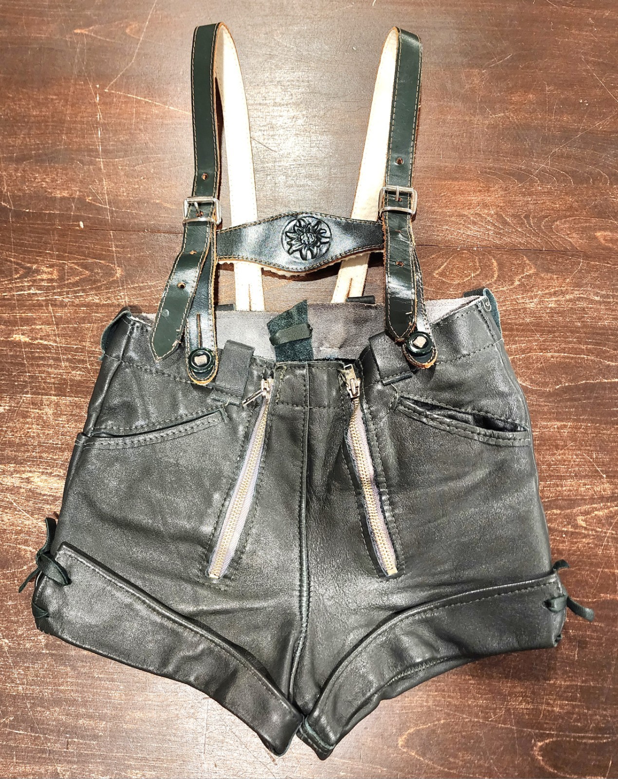 Vintage Children’s German Lederhosen Green Leather Original Suspenders