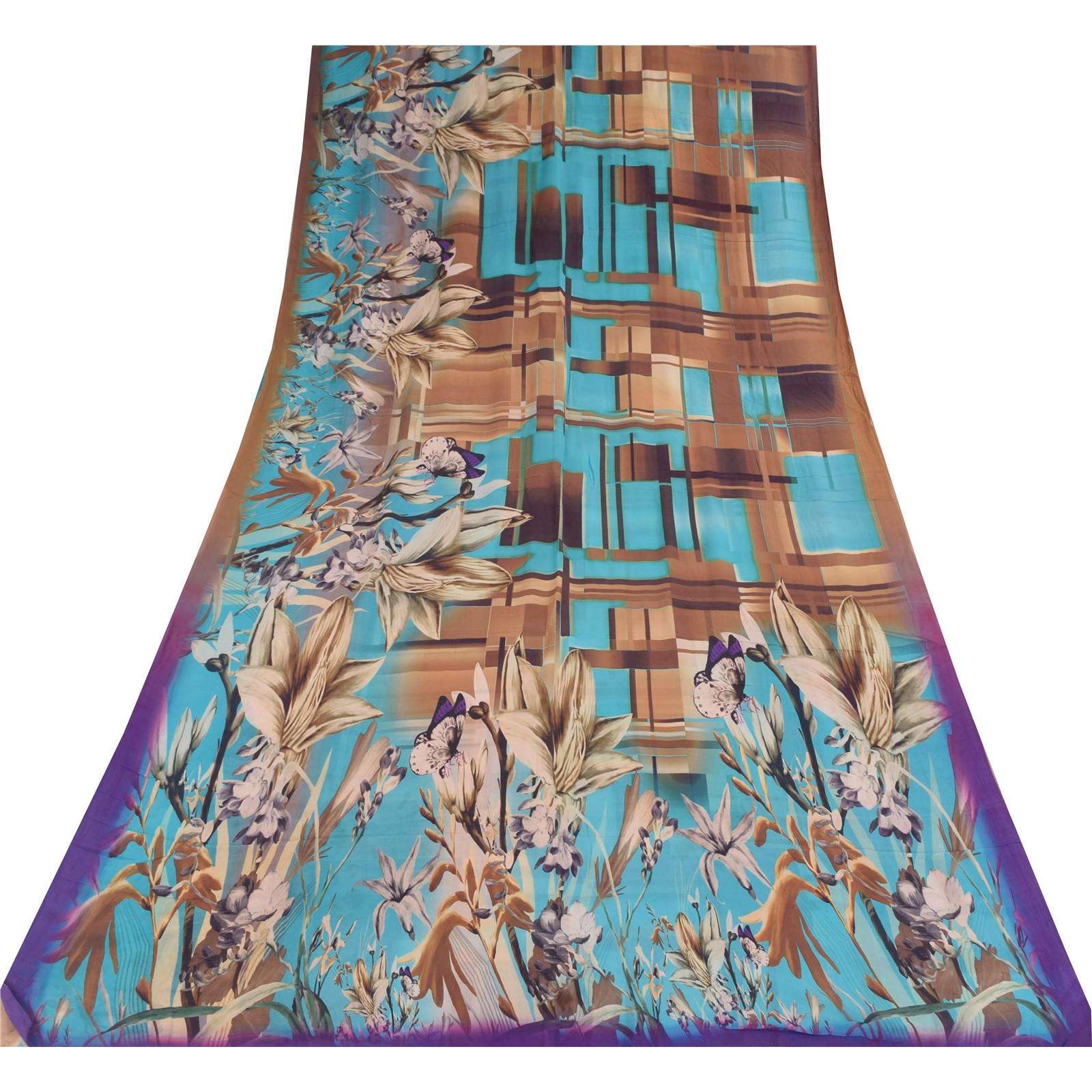 Sanskriti Vintage Sarees Blue/Brown Pure Georgette Print Sari 5+Yd Craft Fabric