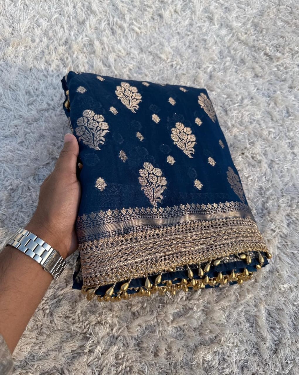 Banarasi Georgette Silk Saree Woven Pallu Designer Lace Border & Blouse