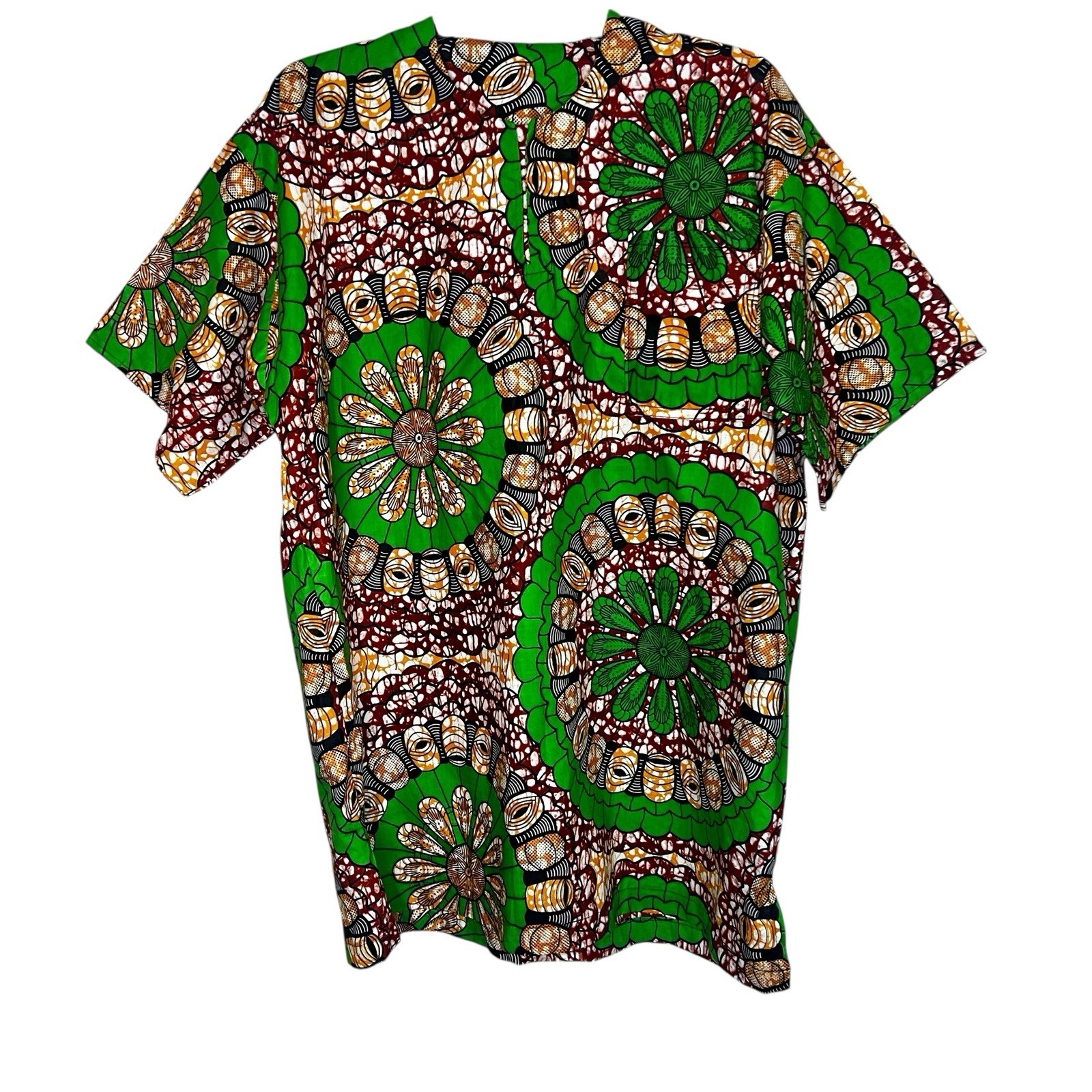 Circular Green, Maroon & Orange Men African Print Short Sleeve Shirt/ Dashiki