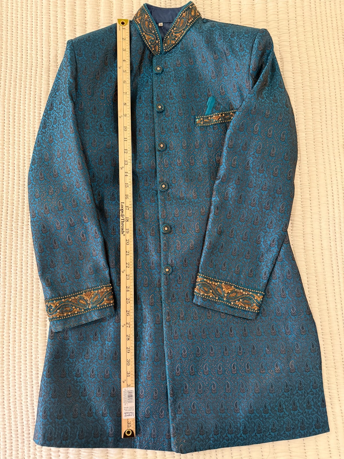 Men’s Kurta – 38R Vibrant Gorgeous Beaded Teal Formal Wedding Coat