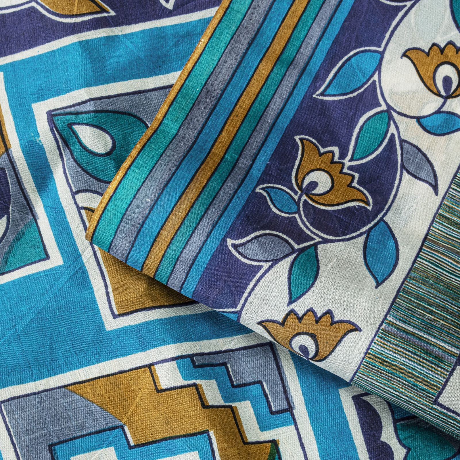 Sanskriti Vintage Saree Blue 100%Pure Silk Floral Print Sari 6.5+Yd Craft Fabric
