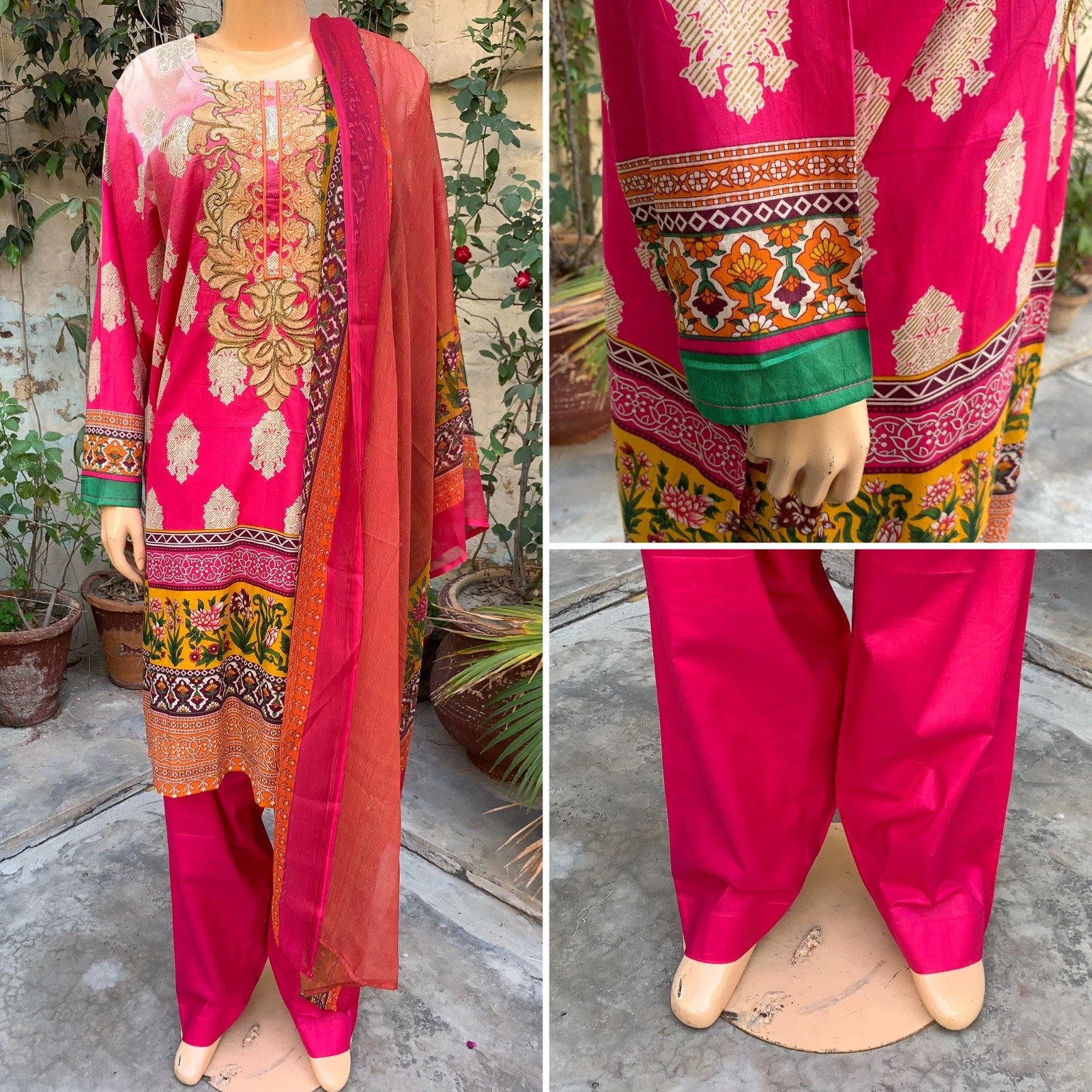 Pakistani Hot pink Printed Straight Shirt 3-PCS Lawn Suit w/ Threadwork ,XL