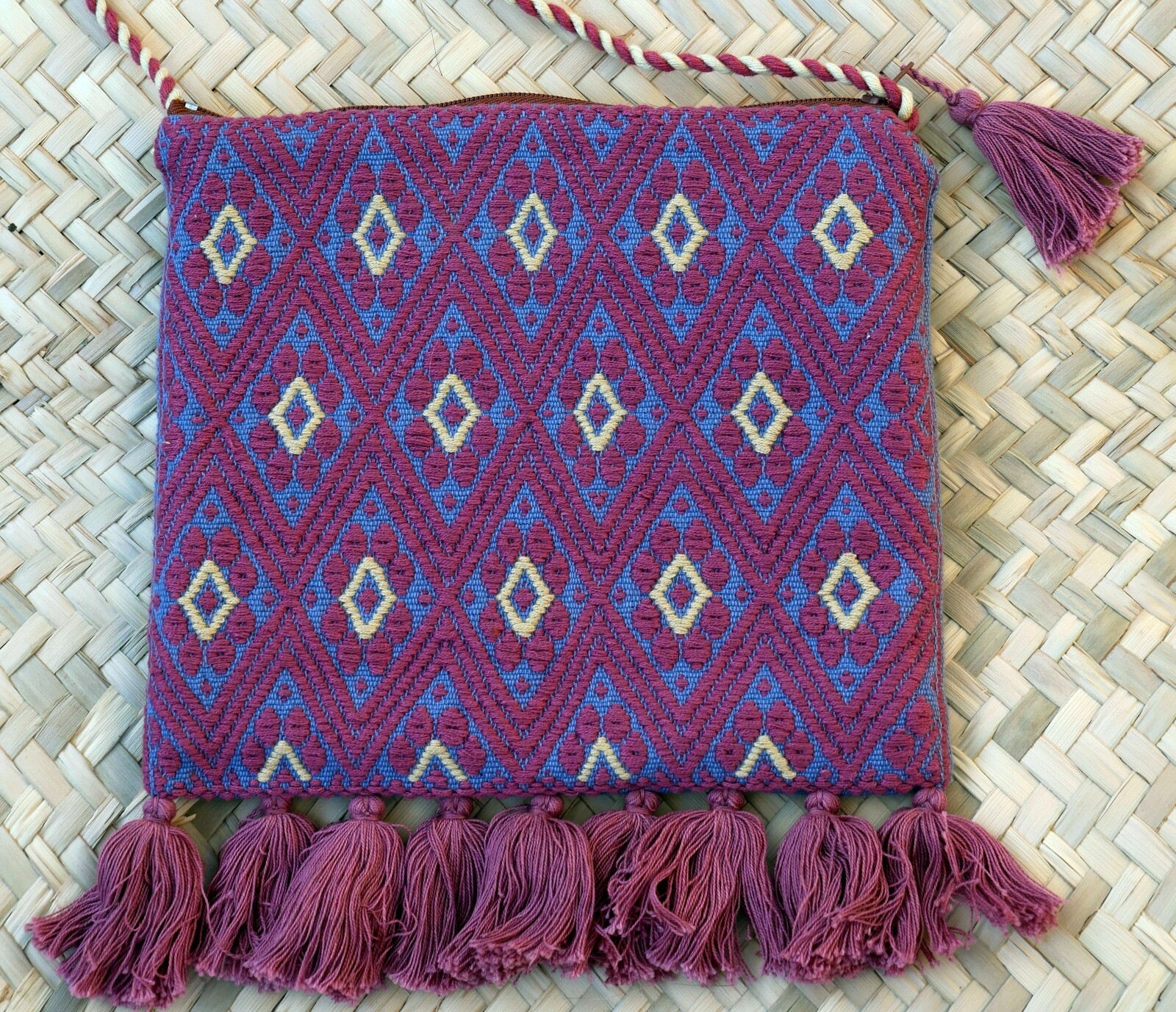 Shoulder Bag Morral Mayan Padded Rose Sand & Blue Handwoven Chiapas Mexico Boho