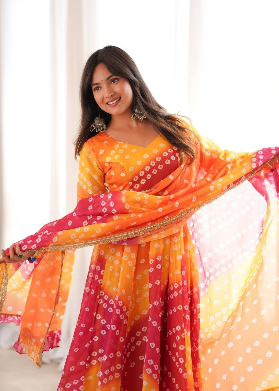Printed Tabby Organza Gown Pant Dupatta Set Bandhani Flared Anarkali Suit Pack