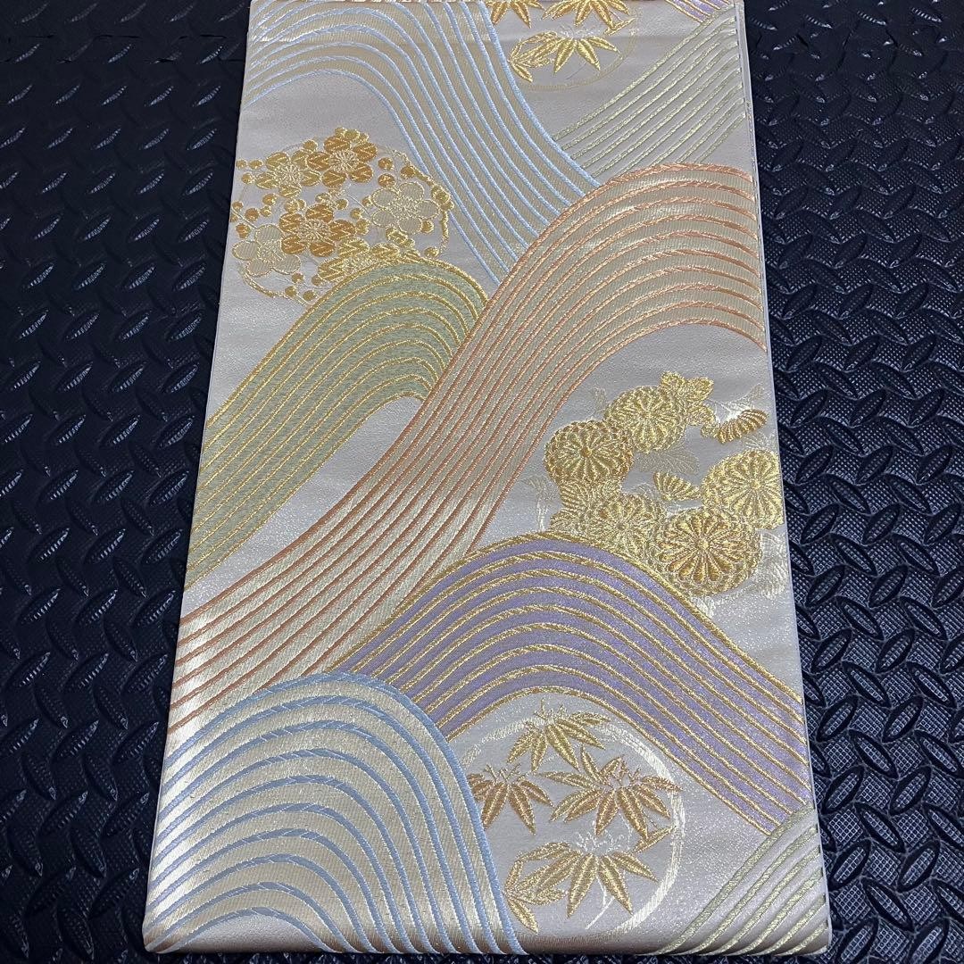 Japanese Silk Fukuro Obi Silver Gold Floral Roundel Curved Line 440 x 30.5 cm