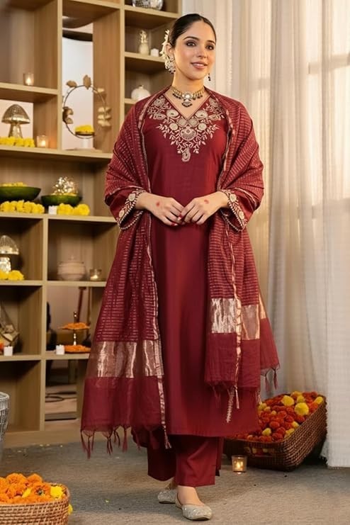 Women Maroon Plus Size Embroidered Indian Silk New Kurta Top Trousers & Dupatta