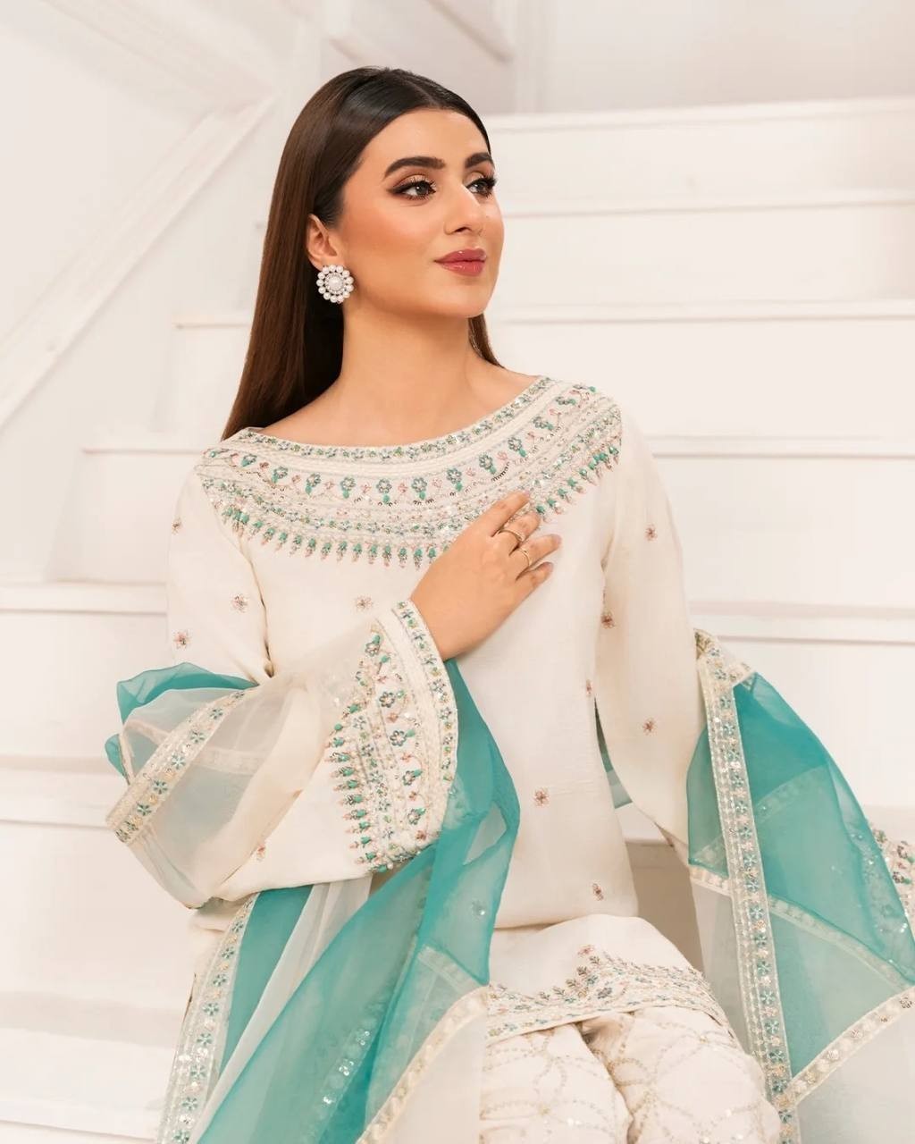 Luxury Natural Crepe Embroidered Top & Farshi Plazzo Set with Organza Dupatta