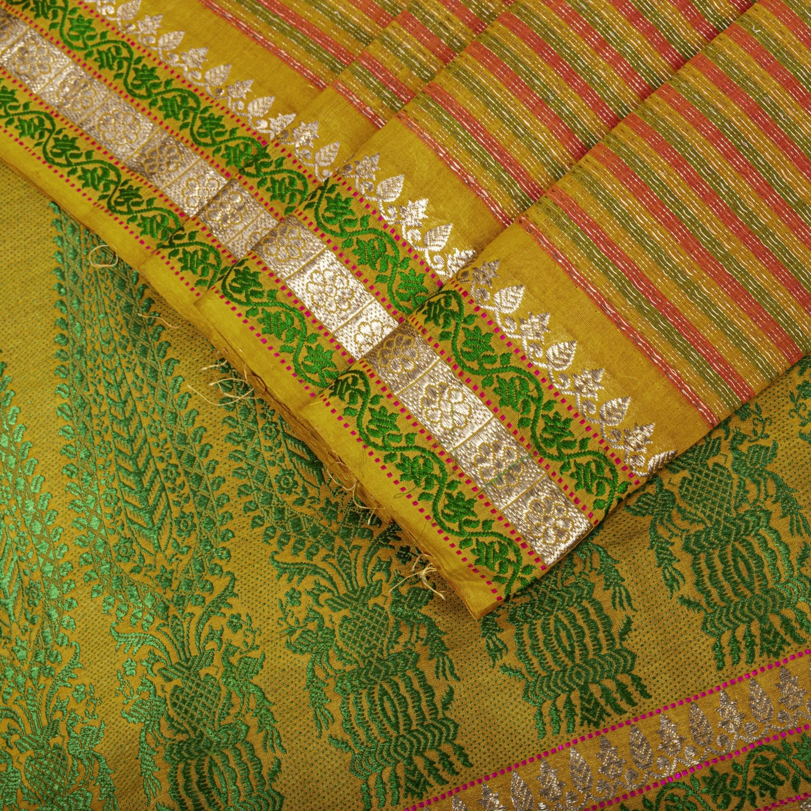 Sanskriti Vintage Saree Yellow Cotton Silk Ilkal Hand Crafted Fabric Indian Sari